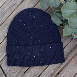 Winter Beanie Rib Knit Hat Women's Navy Shimmer Sparkle Glam Glitter